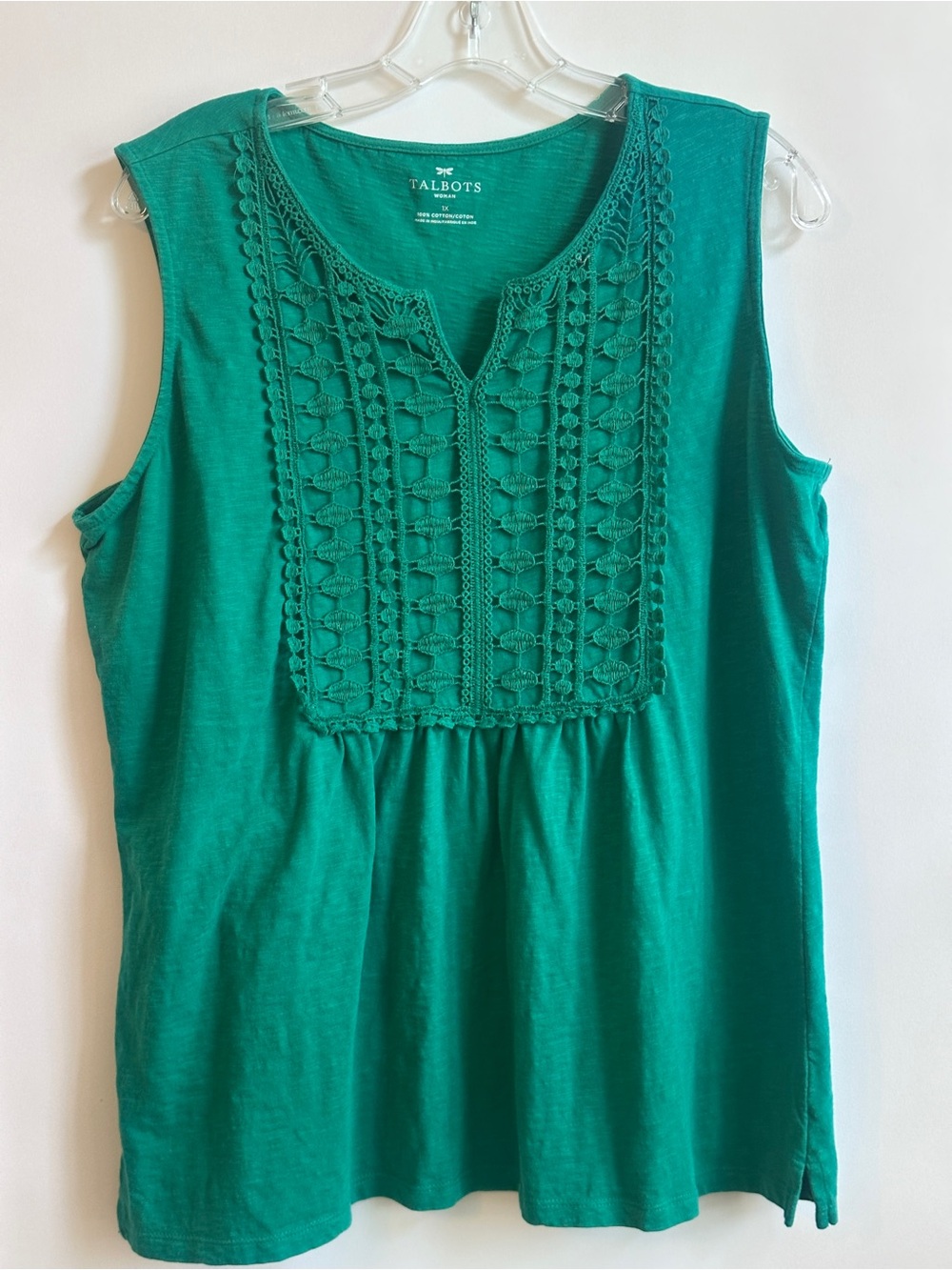 Talbots Bright Green Cotton Embroidered Bib Sleeveless Tank